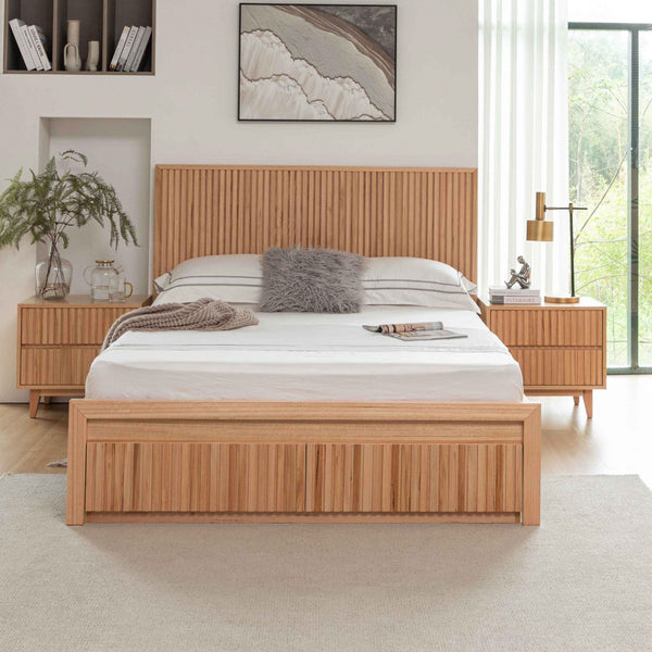 Wood platform bed with slatted headboard and two under-bed storage drawers