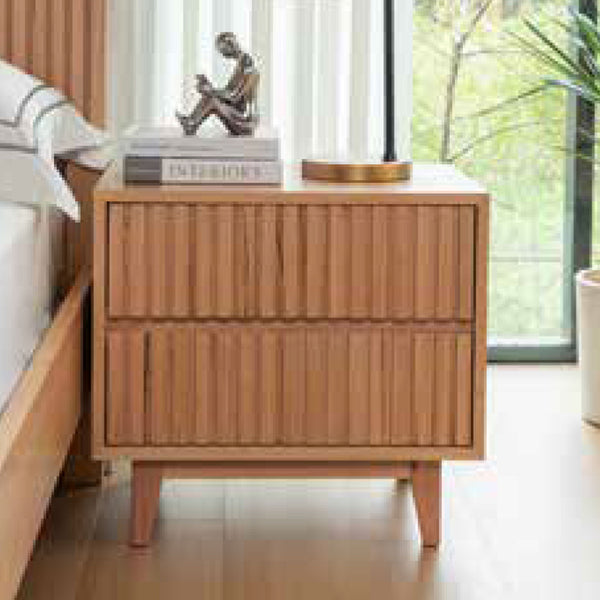 Wood bedside cabinet with two drawer fronts, tapered legs, tabletop