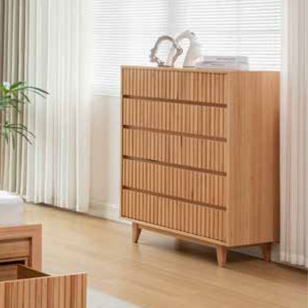 Wood chest of drawers with horizontal slatted panels and tapered legs