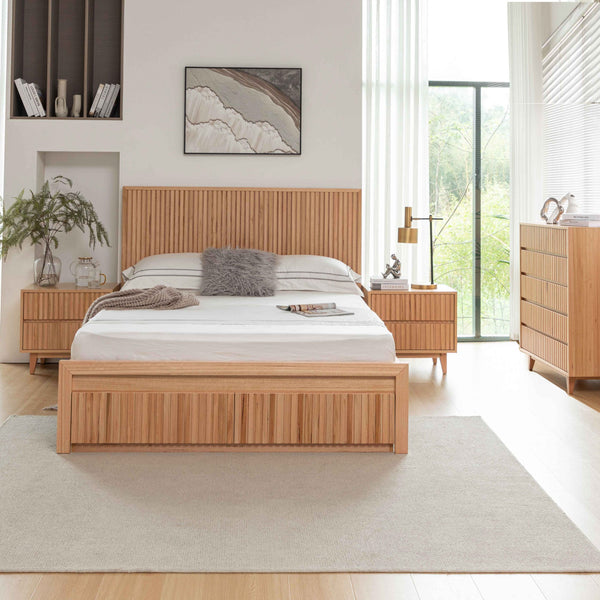 Wood platform bed with slatted headboard and under-bed storage drawers
