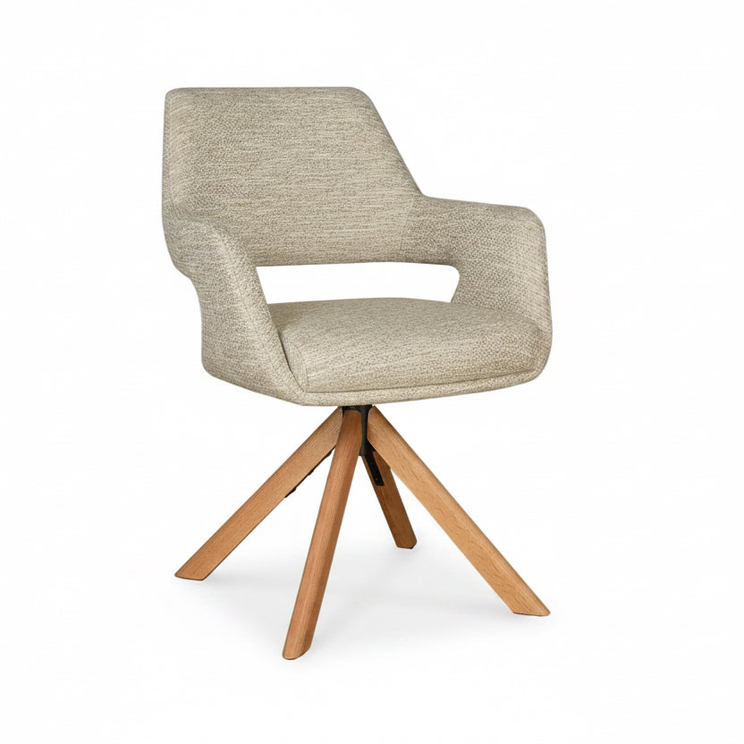 Leto Swivel Dining Chair Natural Oak Timber Legs and Oatmeal Tweed Fabric Front