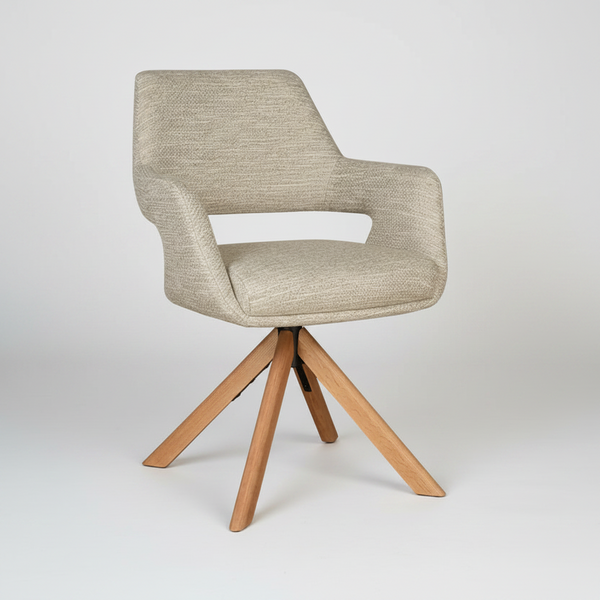 Leto Swivel Dining Chair Natural Oak Timber Legs and Oatmeal Tweed Fabric Front