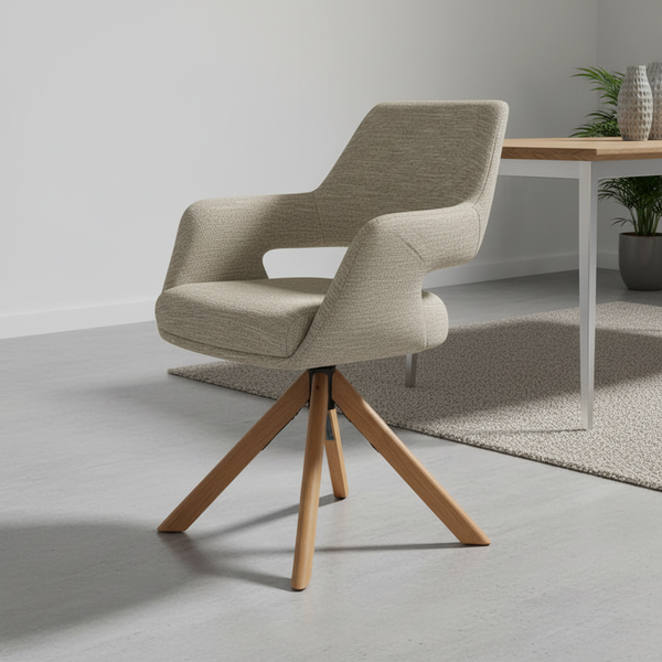 Leto Swivel Dining Chair Natural Oak Timber Legs and Oatmeal Tweed Fabric Lifestyle Photo
