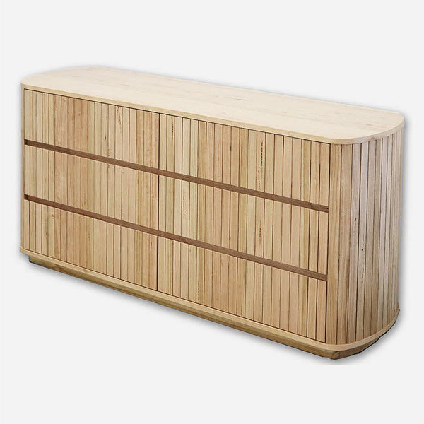 Bamboo wood dresser cabinet with curved top edge and horizontal drawer lines