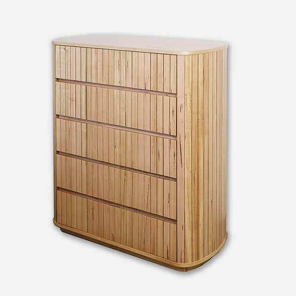 Bamboo wood dresser cabinet with multiple drawer fronts and rounded corners
