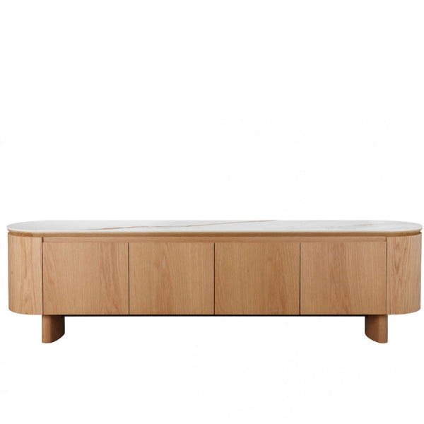Light oak TV unit with rounded ends, four front cabinet doors, tapered legs