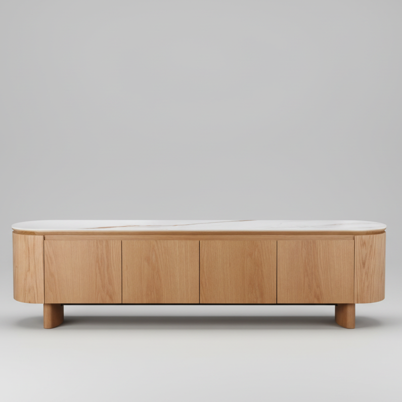 Light oak low TV console with rounded top and four door fronts, tapered legs