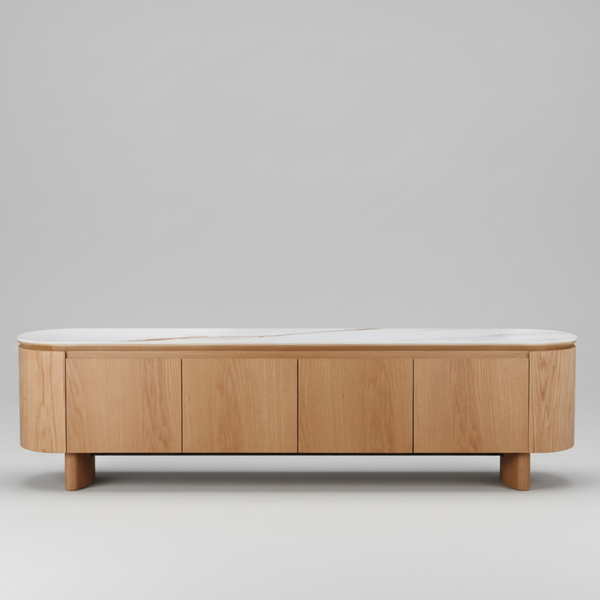 Light oak low TV console with rounded top and four door fronts, tapered legs