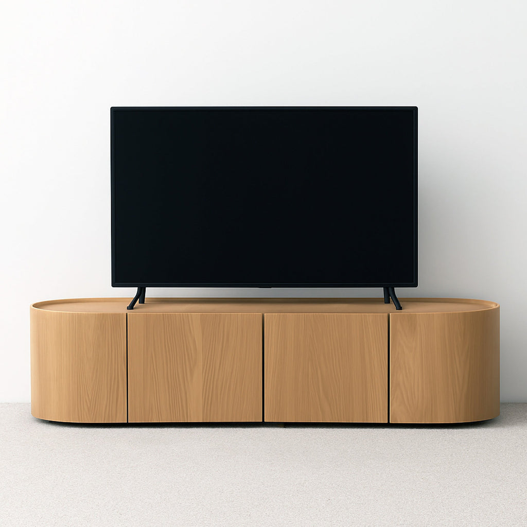 Curved light wood TV stand with open shelf base and front cabinet doors