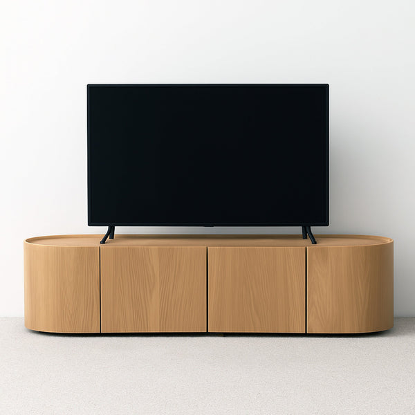 Curved light wood TV stand with open shelf base and front cabinet doors