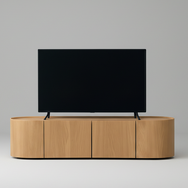 Rounded light wood TV stand with front cabinet sections supporting a TV