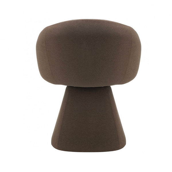 Dining chair in dark brown fabric, rounded seat and back, pedestal base
