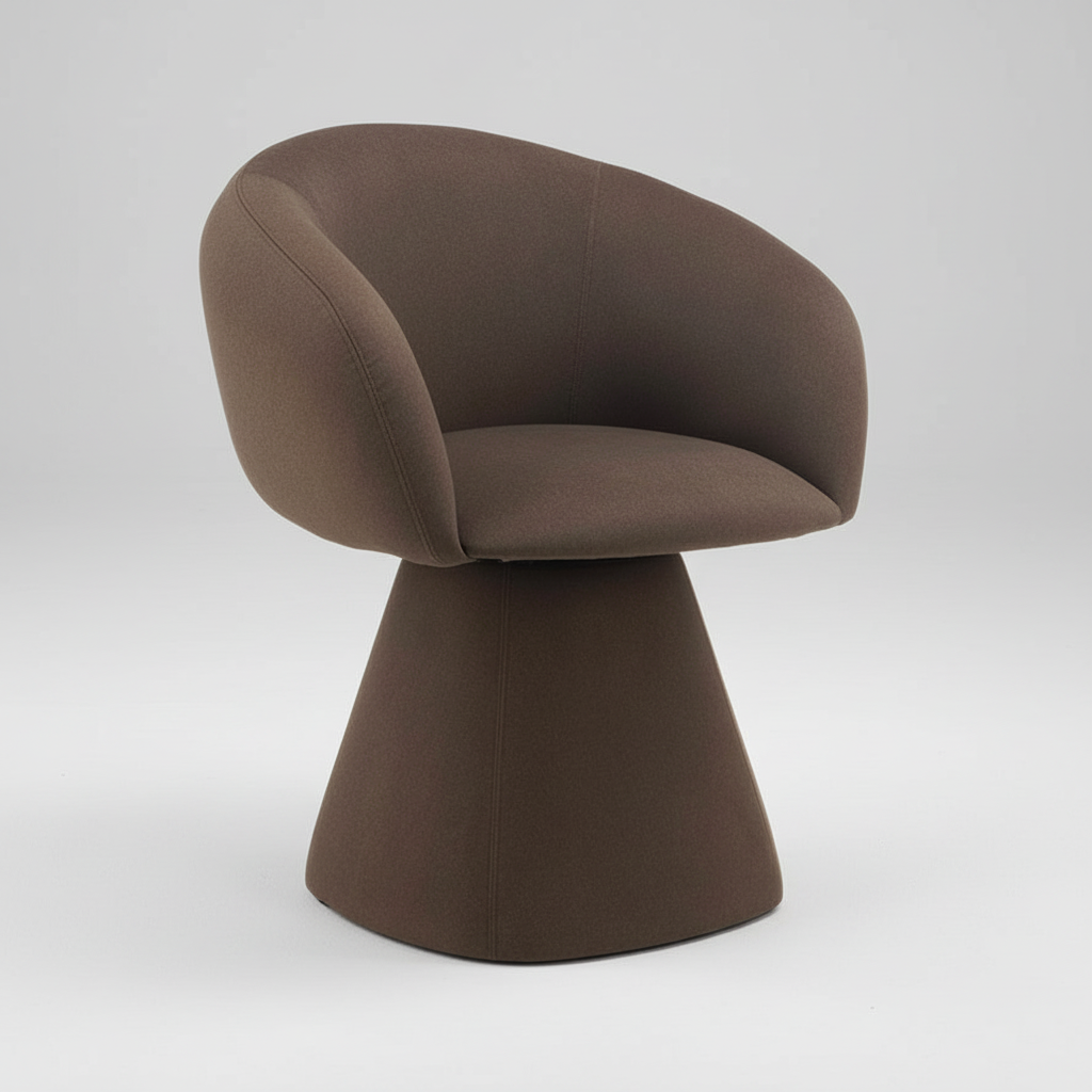 Dark brown upholstered dining chair with rounded backrest, cushioned seat, pedestal base