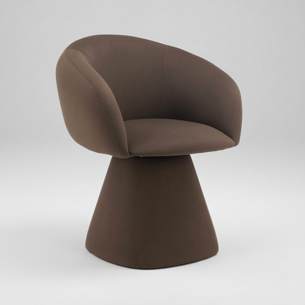 Dark brown upholstered dining chair with rounded backrest, cushioned seat, pedestal base