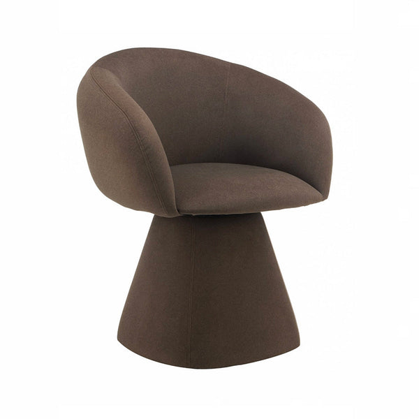Dark brown fabric dining chair with curved back and seat, flared pedestal base