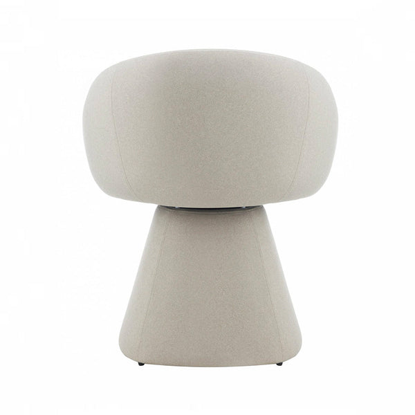 Upholstered dining chair with round backrest and tapered base, light beige linen upholstery