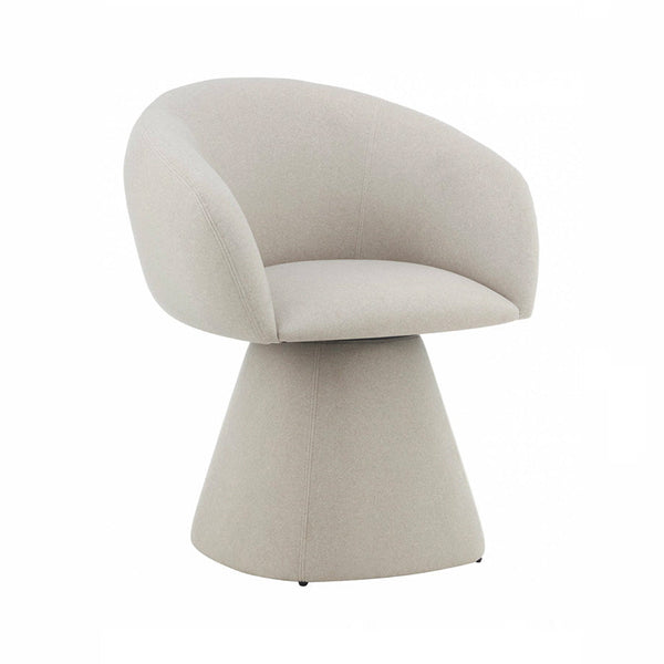 Upholstered dining chair in light beige linen fabric, rounded barrel back and seat