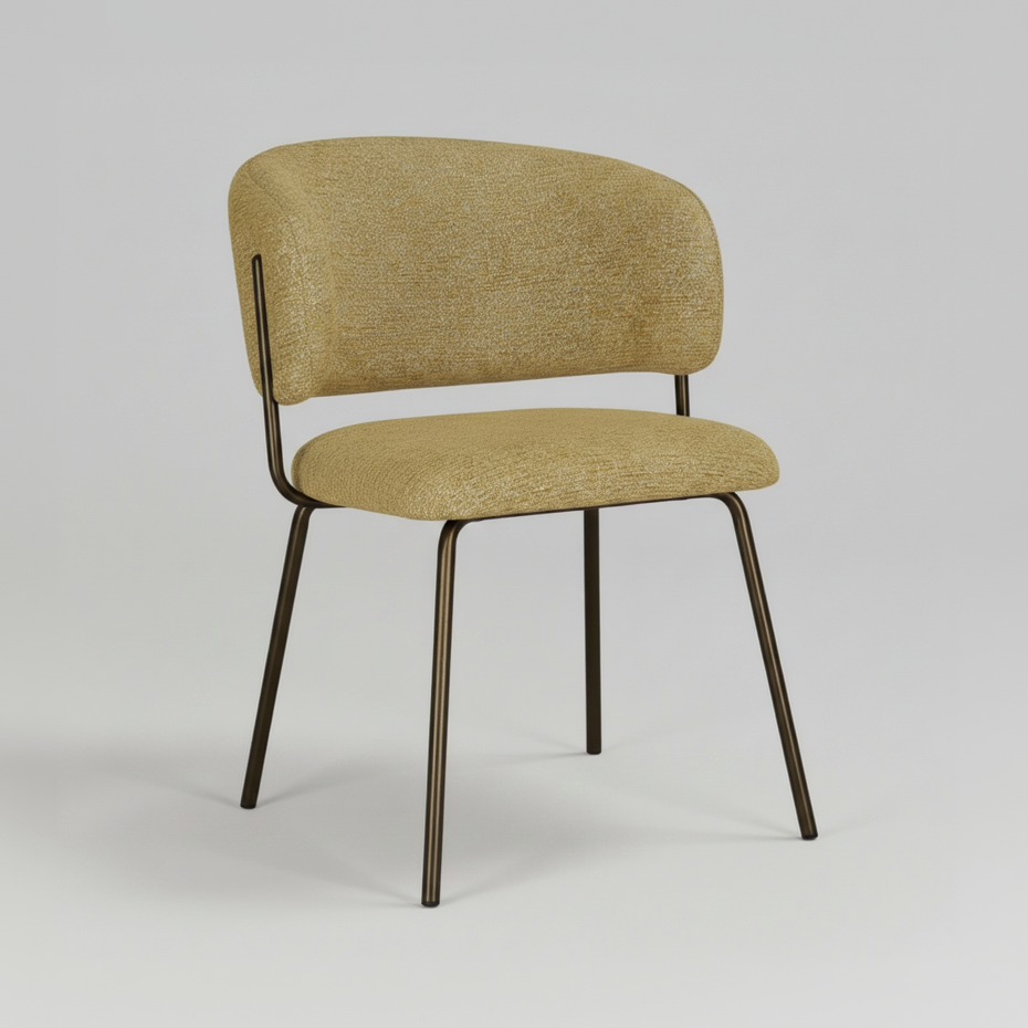 An upholstered dining chair with a curved backrest and seat, upholstered in a textured mustard-yellow fabric, supported by a slim dark metal frame with splayed legs, shown on a plain white background.