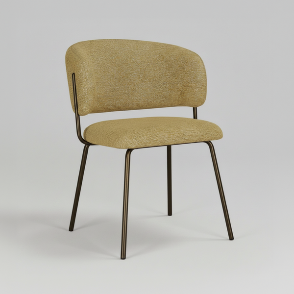 An upholstered dining chair with a curved backrest and seat, upholstered in a textured mustard-yellow fabric, supported by a slim dark metal frame with splayed legs, shown on a plain white background.