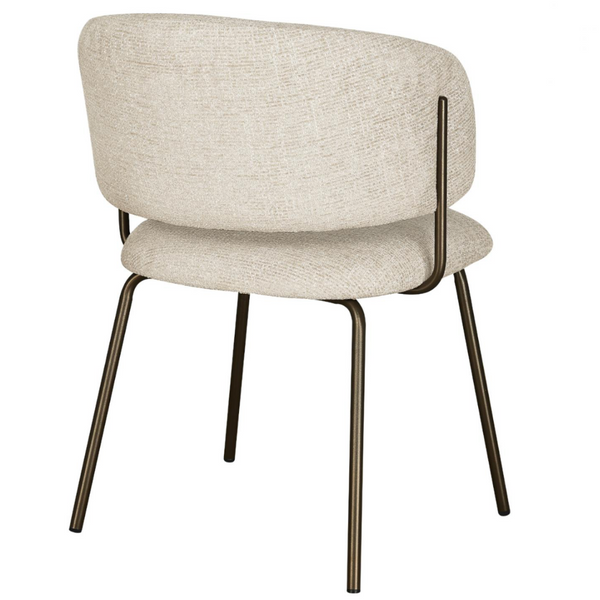 An upholstered dining chair with a curved backrest and seat in a light beige textured fabric, supported by slim dark metal legs and a U-shaped frame.