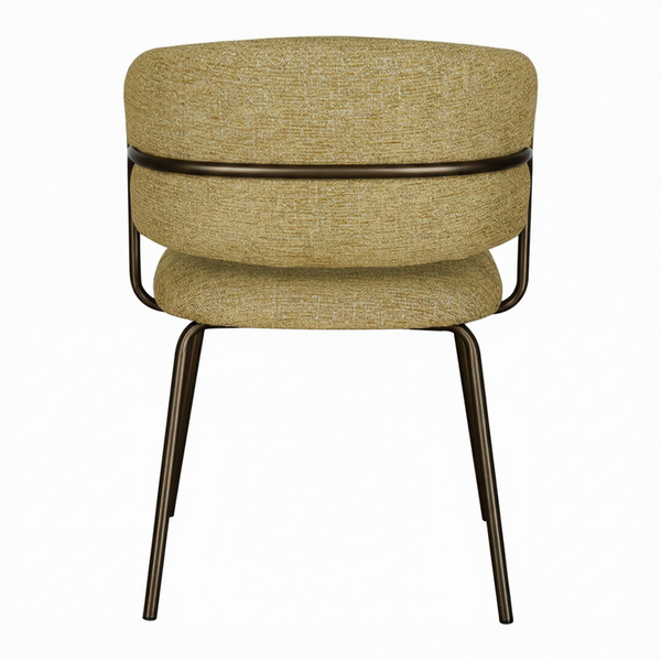 An upholstered dining chair with a rounded backrest and seat, covered in a textured beige fabric, supported by slim dark metal legs, shown against a plain white background.