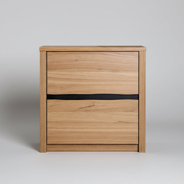 Wood bedside table with two drawers and simple vertical frame