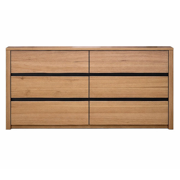 Wood dresser base with six drawers in a three-by-two layout