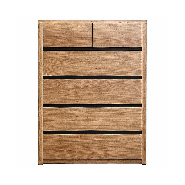 Wood tallboy dresser with five drawers and clean, straight edges