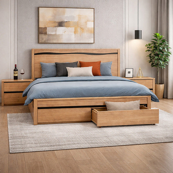 Wood bed frame with drawer storage and paneled headboard
