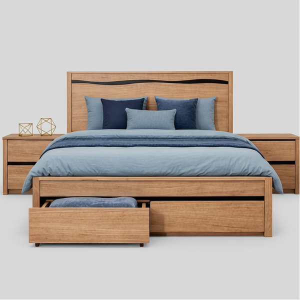 Wood platform bed frame with curved headboard detail and front drawers