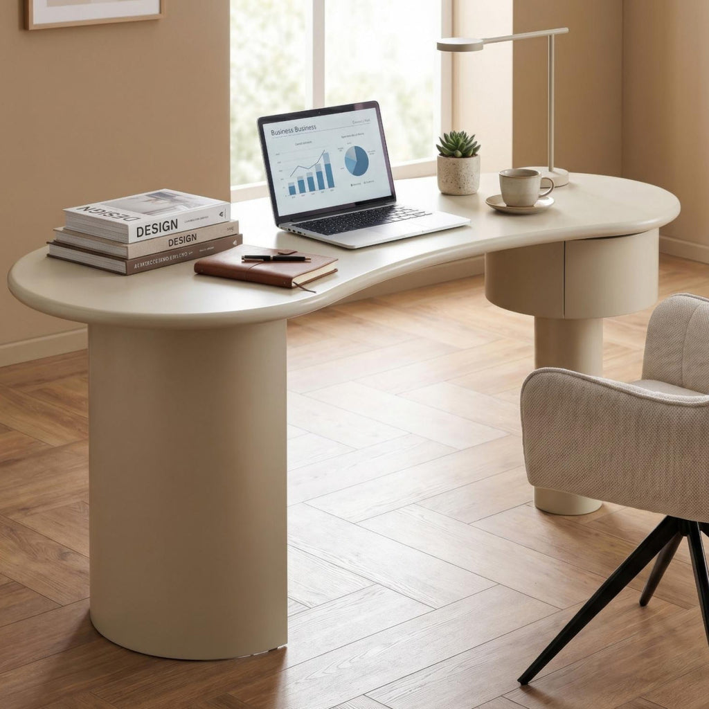Macao Desk Matte Creamy Latte Modern Drawer Curved Shape Lifestyle Photo