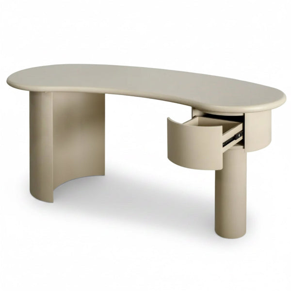Macao Desk Matte Creamy Latte Modern Drawer Curved Shape Side with Drawer Open