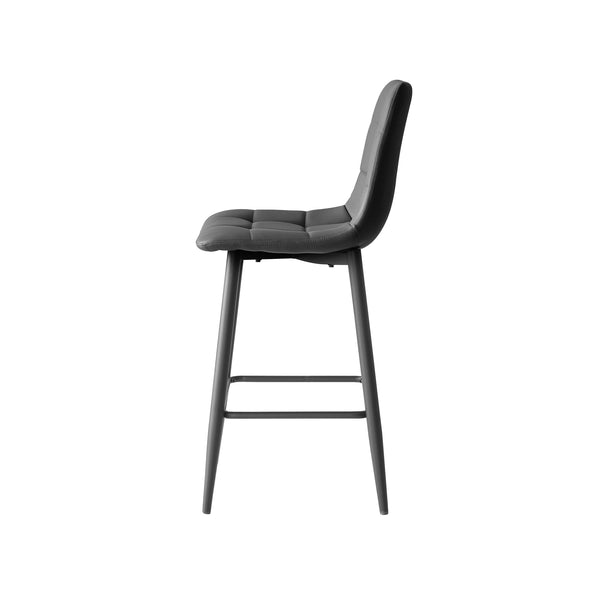 Macy bar stool with dark grey padded backrest and seat, curved arms, metal footrest frame