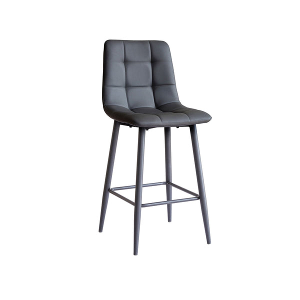 Macy bar stool with dark grey upholstered seat/back, square quilting, metal frame and footrest