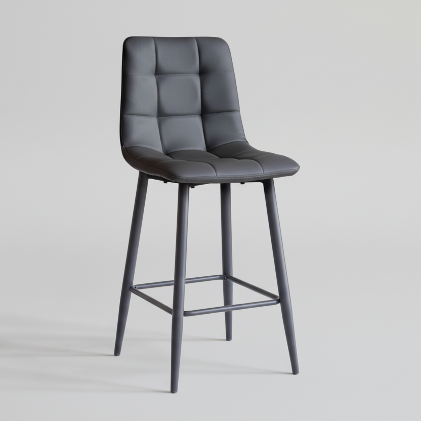 Macy bar stool with dark grey quilted upholstery, padded seat, metal legs and lower footrest