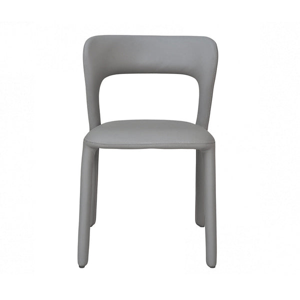 Grey upholstered dining chair with curved backrest and four straight legs.