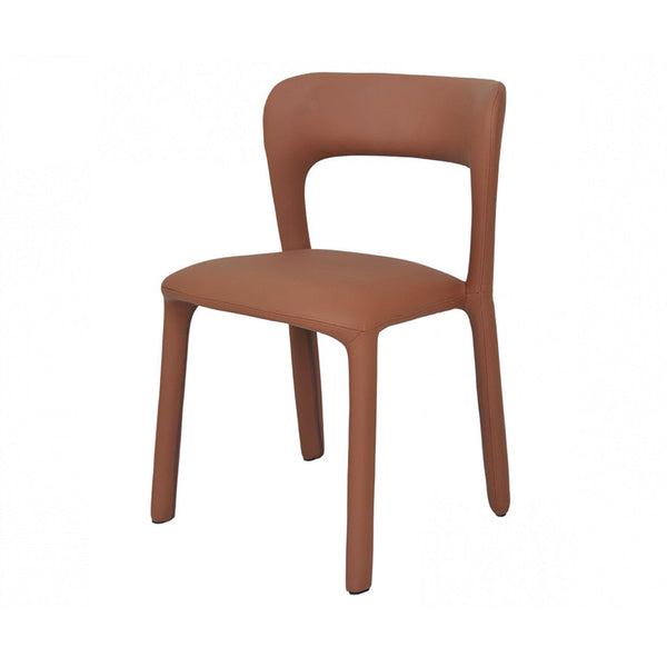 Tan upholstered dining chair with curved backrest, cushioned seat, tapered wooden legs