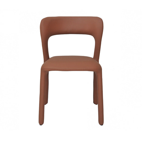 Tan upholstered dining chair with wide rounded back, cushioned seat, tapered wooden legs