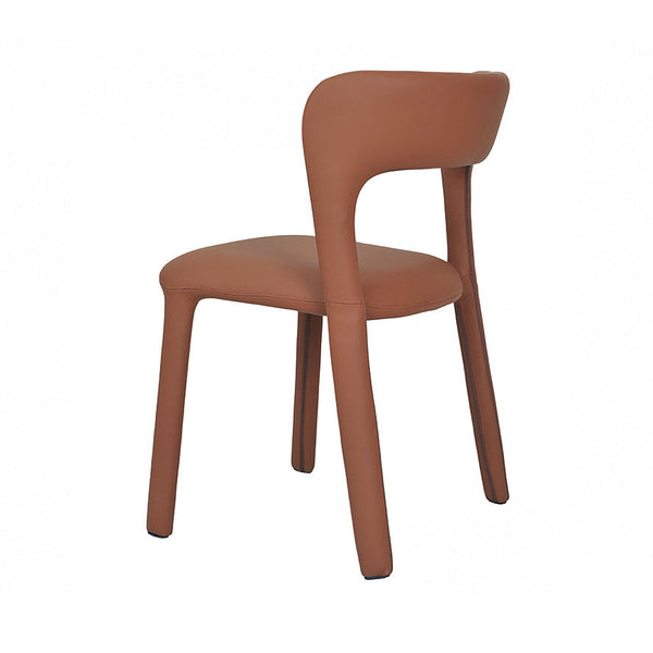 Tan upholstered dining chair with rounded back and seat, tapered wooden legs