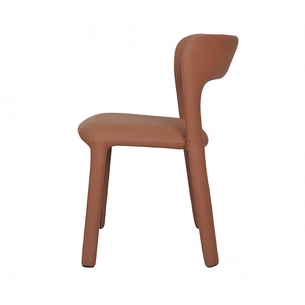 Tan dining chair with rounded arm-shaped back, cushioned seat, tapered wooden legs