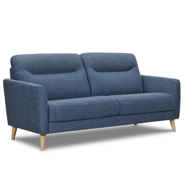 Blue upholstered sofa with two seat cushions, rounded arms, and tapered wooden legs
