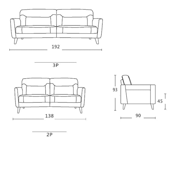 Two-piece sofa set line drawing with armrests and labeled dimensions