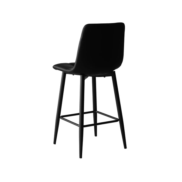 Black bar stool with wide curved backrest, cushioned seat, and crisscross footrest frame
