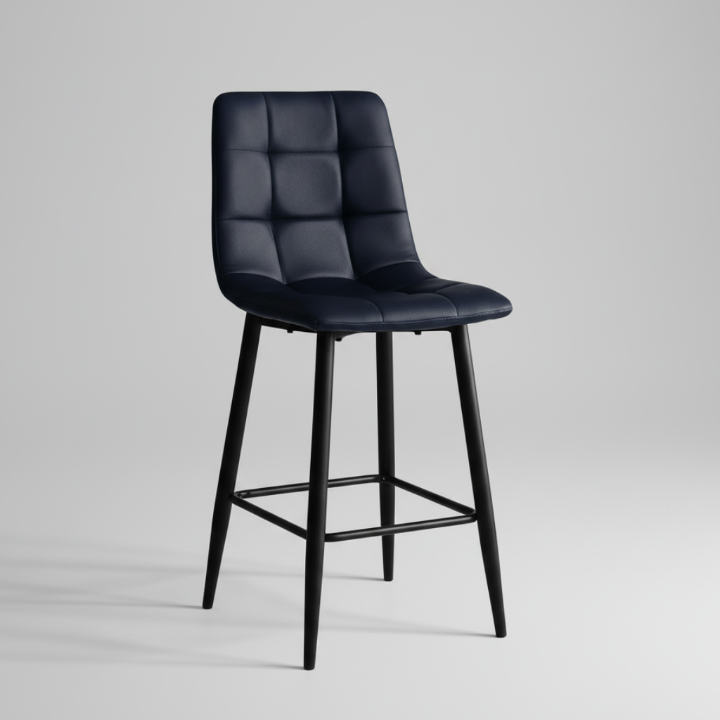 Black bar stool with quilted upholstery, cushioned seat, and lower crossbar footrest