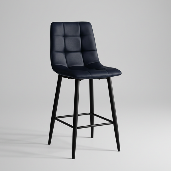 Black bar stool with quilted upholstery, cushioned seat, and lower crossbar footrest