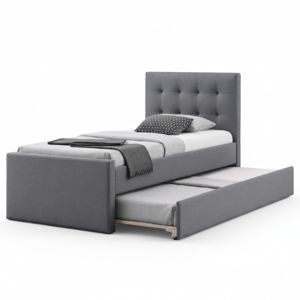 Marc Single Upholstered bed in grey fabric with trundle bed