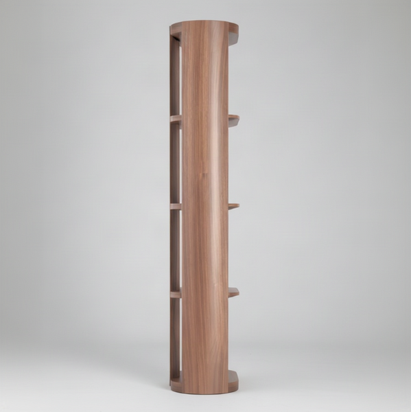 A modern cylindrical wooden shelving unit with five open shelves, made from walnut wood with a visible grain pattern, set against a neutral gray studio background.