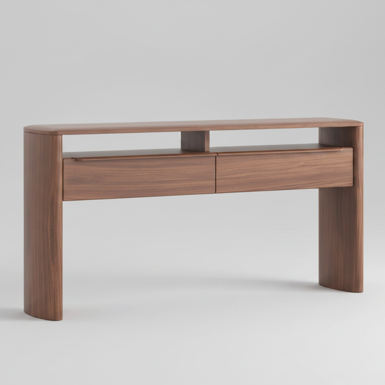 A modern wooden console table with two drawers and an open shelf, shown against a plain white background.