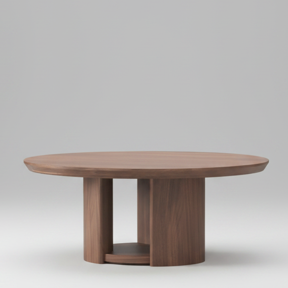 A round wooden dining table with a medium brown wood grain finish, featuring a thick round tabletop and a sculptural pedestal base with open vertical spaces and a small lower shelf, shown on a solid white background.