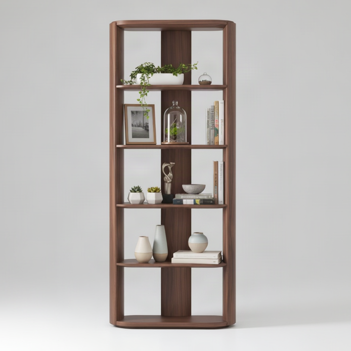 A tall, modern wooden bookcase with a warm medium-brown finish, featuring five open shelves and decorative items including books, vases, a small terrarium, and potted plants, set against a neutral light gray background.